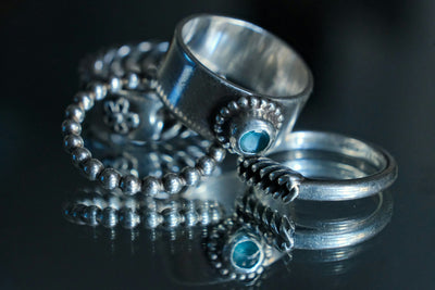 Close-up of a silver ring band, where the 925 purity stamp is struck